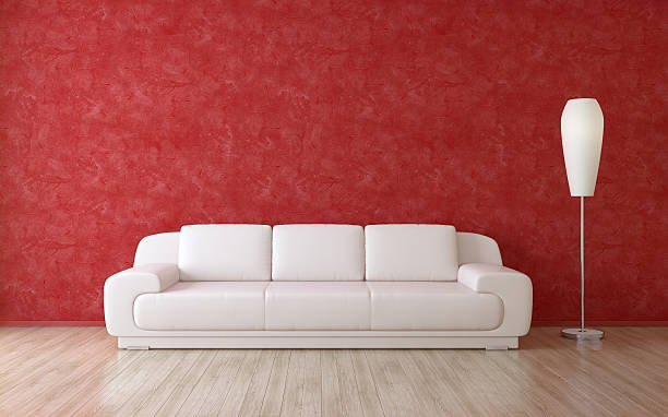 Modern Room Interior with Red Wall, Sofa and Floor Lamp